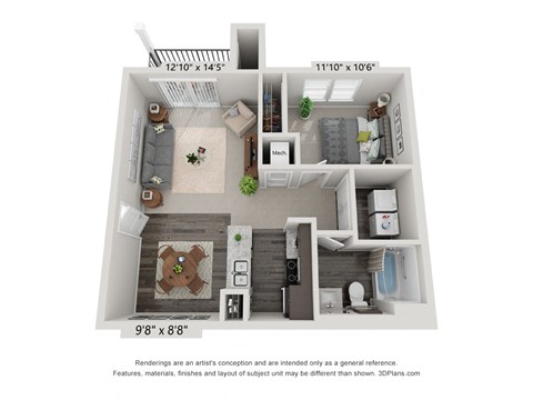 Floor plan for 1 bed, 1 bath, 665 sqft